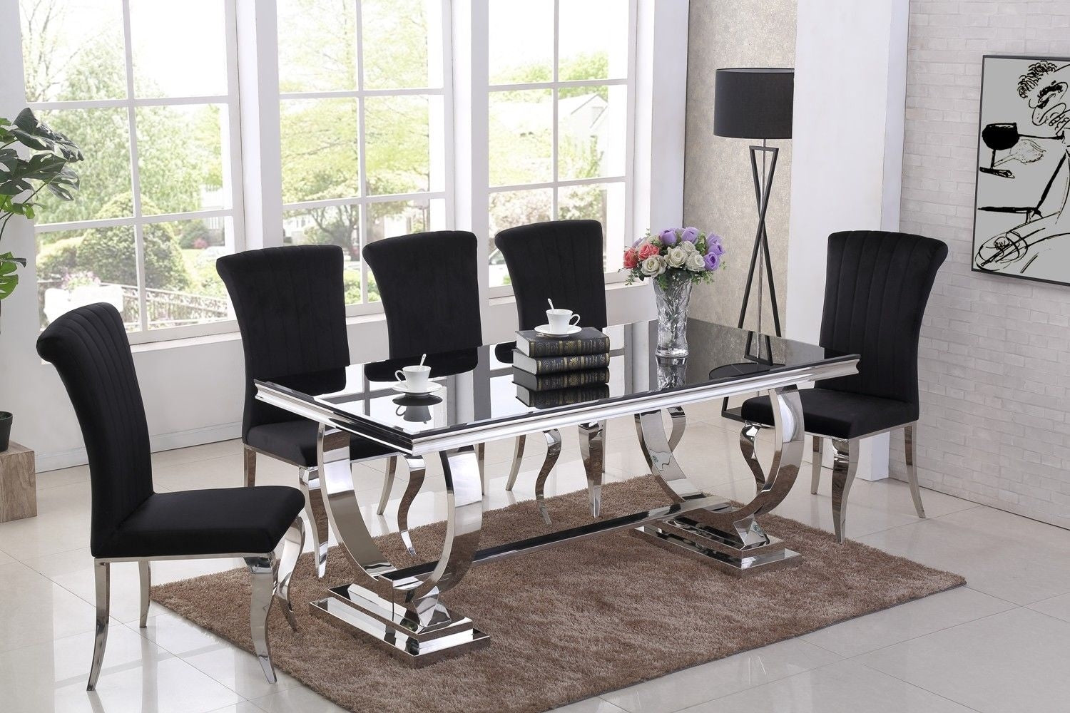 Alberto Black / White Glass Dining Table With Azra Velvet Dining Chair