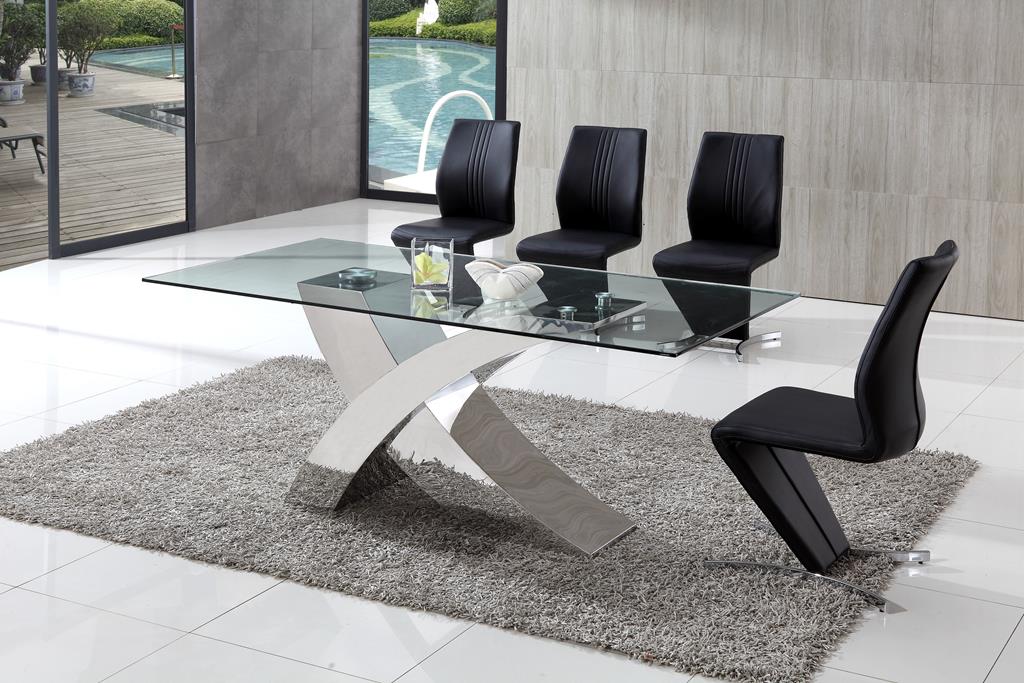 Brizoni Modern Glass Dining Table with White Amari Dining Chairs