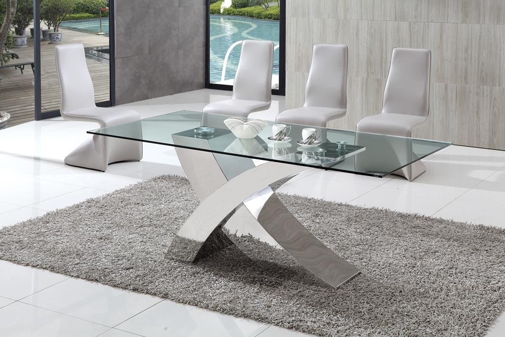 Brizoni Contemporary Glass Dining Table with Grey Armani Dining Chairs