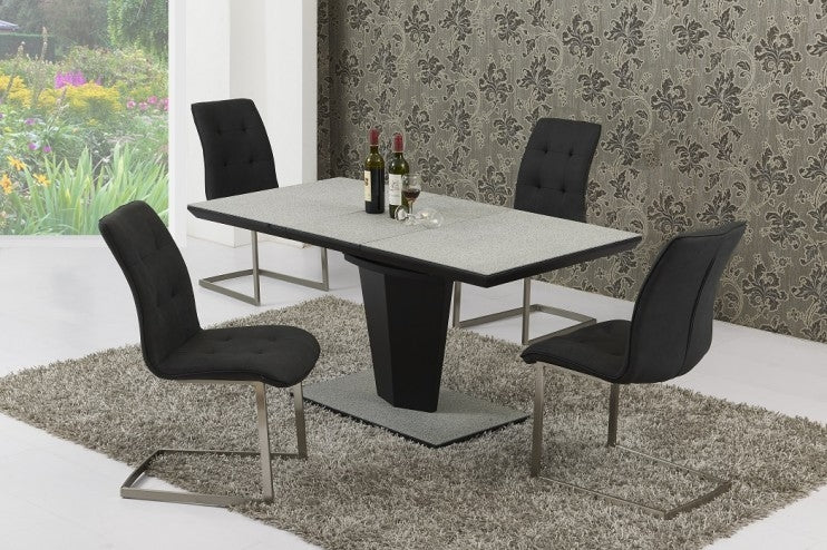 MILAN STONE SPECK GLASS TOP EXTENDING DINING TABLE AND ZANETTI DINING CHAIRS