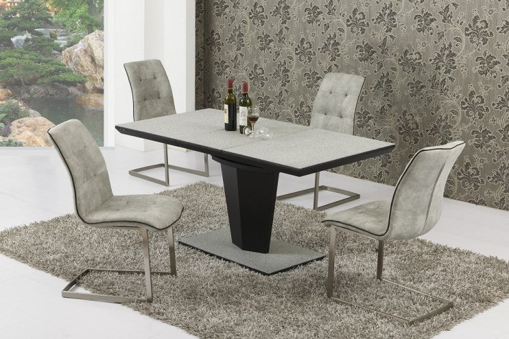 MILAN STONE SPECK GLASS TOP EXTENDING DINING TABLE AND ZANETTI DINING CHAIRS