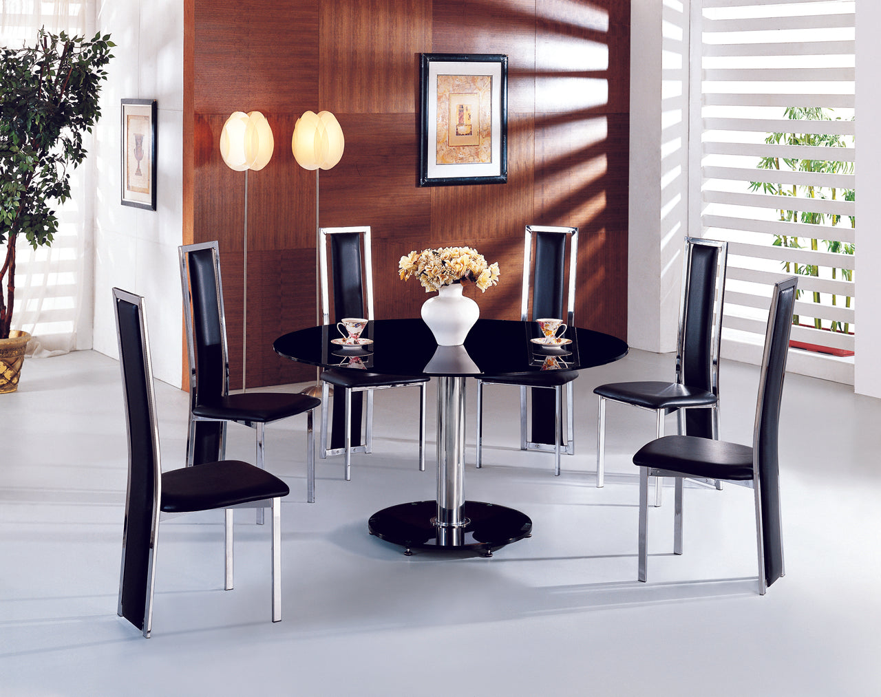 Planet Large Round Black Glass Dining Table with Amalia Chairs