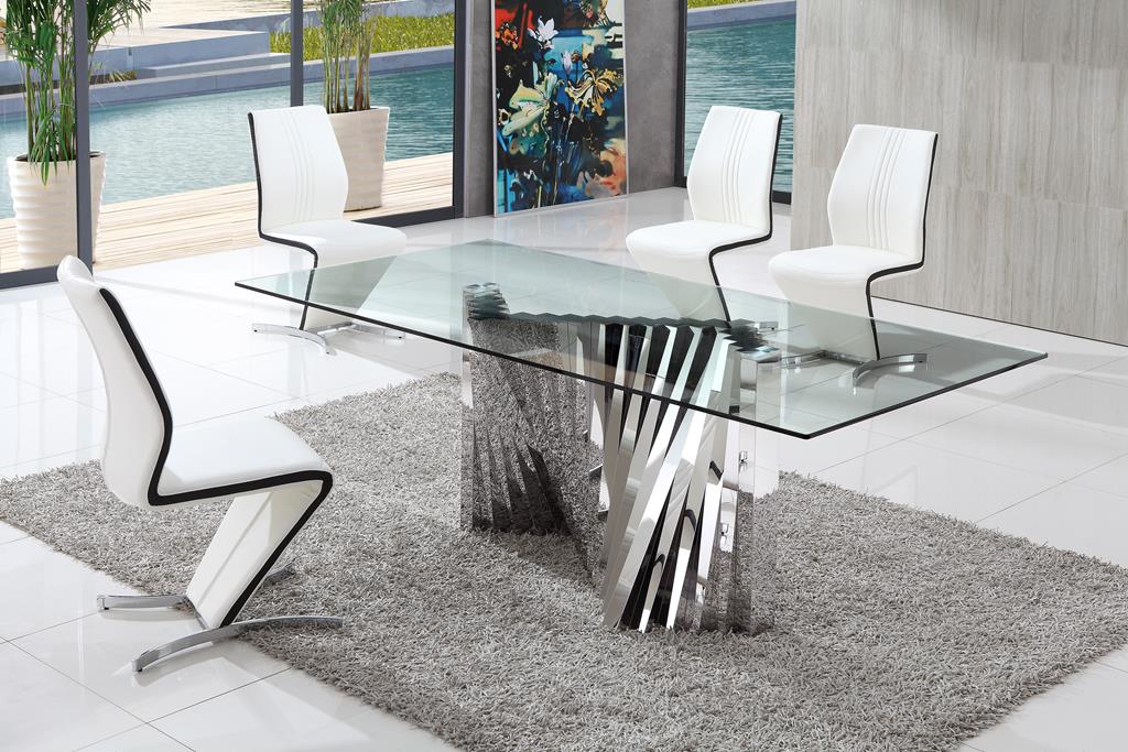 Plisset Glass Dining Table with White Amari Dining Chairs set