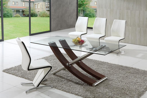 Skorpio Walnut Chrome Glass Dining Table with White Amari Dining Chairs